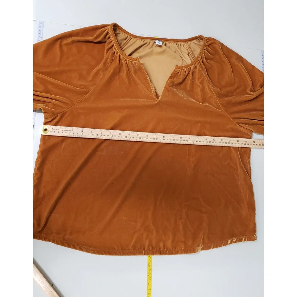 Old Navy Womens Cognac Brown Velvet Puff Sleeve Split Neck Blouse‎ Top Large